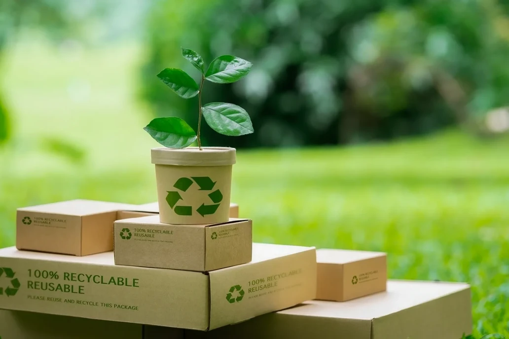 Imagine care ilustreaza cutii reciclate, pe o pajiste