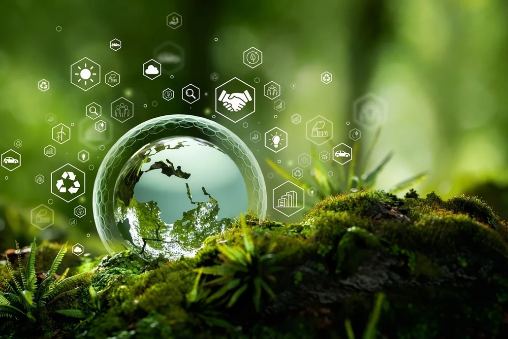 Simboluri ale consultanței de mediu pe o bulă de săpun și de mușchi