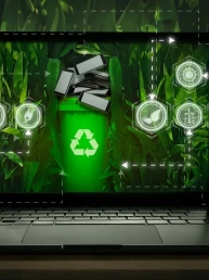 Ilustrație cu simboluri ale colectării digitale a deșeurilor și procesul de reciclare