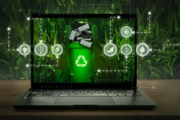 Ilustrație cu simboluri ale colectării digitale a deșeurilor și procesul de reciclare